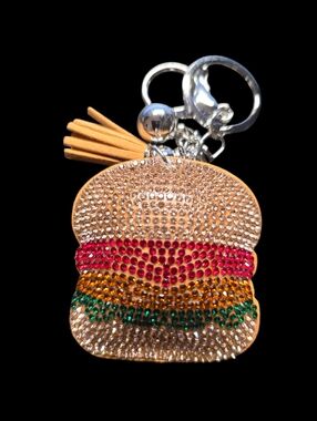 Crystal Rhinestone Burger Bag Charm Keychain Tassel Accessory - Gold